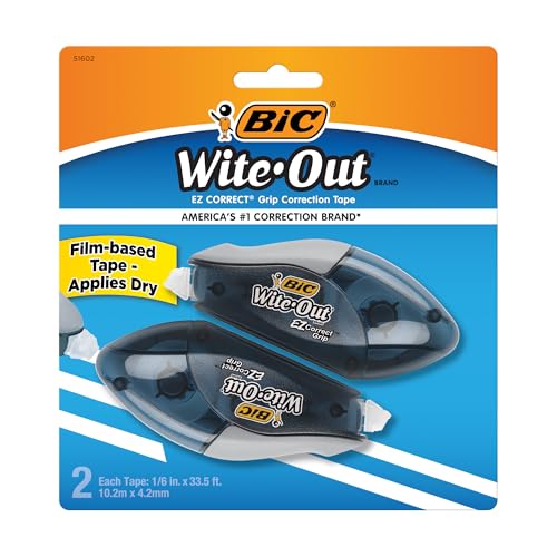 BIC Wite-Out Brand EZ Correct Grip Correction Tape, 33.5 Feet, Fast, Clean and Easy to Use Tear-Resistant Tape, 2-Count - color: Grip White, size: 2 Count (Pack of 1)