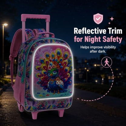 3Pcs Rolling Backpack for Girls, Peacock Roller Bookbag with Lunch Box, Kids School Backpacks with Wheels for Elementary Preschool(Pink) - color: Peacock Pink