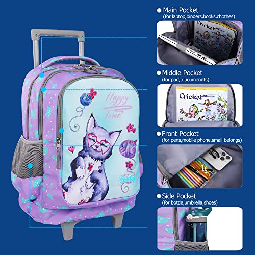 seastig Rolling Backpack 18in Double Handle Backpack Kids Wheeled Backpack Roller Backpack with Lunch Bag Set Girls Boys - color: Blue Cat