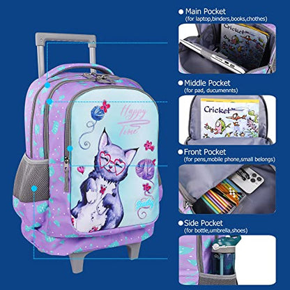 seastig Rolling Backpack 18in Double Handle Backpack Kids Wheeled Backpack Roller Backpack with Lunch Bag Set Girls Boys - color: Blue Cat