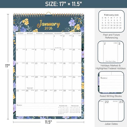 Lbylyhxc 2026 Calendar -18 Monthly Wall Calendar 2026 from Jan 2026 to Jun 2027, 17 x 12 Inches.Thick Paper with Julian Dates Large Wall calendar 2026 for New Year Presents (Large Wall Calendar Flower A) - color: Large Wall Calendar Flower A