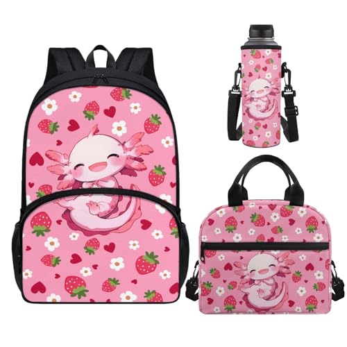 Horeset Axolotl Strawberry Backpack for School Girls Kids 3 Pack 17inch Schoolbag & Water Bottle Sling Bag & Picnic Lunch Bag Primary Elementary School Bookbag with Side Mesh Pocket - color: Axolotl Strawberry