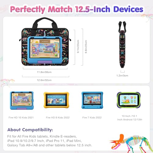 MoKo 10-12.5 Inch Kids Tablet Sleeve Carrying Case for Fire HD 10 13th/11th Gen, Fire HD 8/7 Kids 2022, Tablet Bag with Shoulder Strap for 10/10.1 Inch Android 12/13, Black Dinosaur - color: Black Dinosaur, style: 12.5 Inch