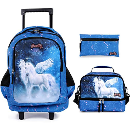 seastig Rolling Backpack 18in Double Handle Backpack Kids Wheeled Backpack Roller Backpack with Lunch Bag Set Girls Boys - color: White Horse
