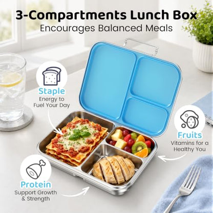 Pawtong Stainless Steel Bento Box for Kids and Adults, 3 Compartment Leakproof Lunch Box with Removable Silicone Seal and Silicone Contianer, Metal Lunch Container for School, Work and Travel (Blue) - color: Blue