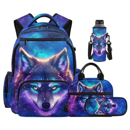 Galaxy Wolf Backpack for Girls Kids Backpack with Lunch Box Water Bottle Pouch and Soft Pencil Case 4PCS Set Cute Bookbag with Front Pocket 17" Large School Bag for Graduation Season Gift - color: Cool Galaxy Wolf