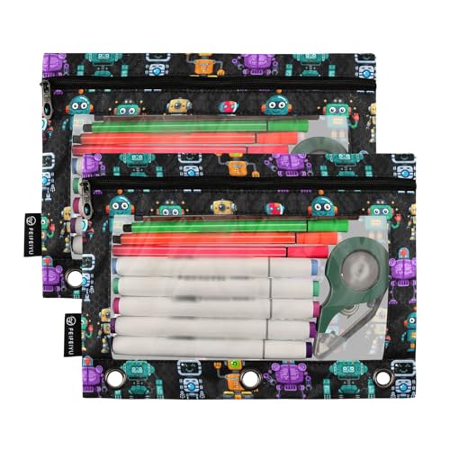 Robots Pencil Pouch for 3 Ring Binder, Binder Pencil Pouches with Clear Window Zipper Pencil Case for Office College Supplies, 2PCS (B0315) - color: B0315