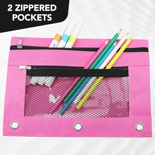 3 Ring Pencil Pouch for Binder, 2-Pocket Zipper Pencil Case with Clear Window & Mesh Pocket, Heavy Duty 600D Oxford Fabric Binder Pouch for School Office Supplies, Fits Standard 3-Ring Binders, Pink - color: Pink