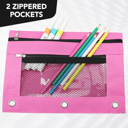 3 Ring Pencil Pouch for Binder, 2-Pocket Zipper Pencil Case with Clear Window & Mesh Pocket, Heavy Duty 600D Oxford Fabric Binder Pouch for School Office Supplies, Fits Standard 3-Ring Binders, Pink - color: Pink