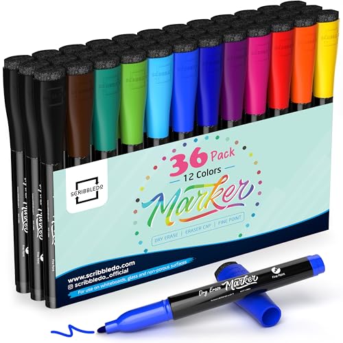 Scribbledo 36 Pack Fine Tip Dry Erase Markers Assorted Classic Colors Low Odor Thin Whiteboard Markers with Eraser Cap for Office Conference Room Planning Boards Home Workspace