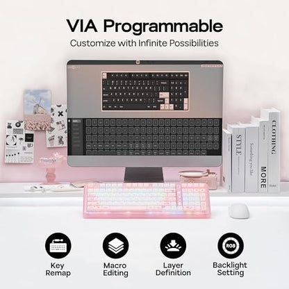 KiiBoom Phantom98 Lite 96% Wireless Mechanical Gaming Keyboard, VIA Programmable, Creamy Keyboard with Gasket, 8000mAh Battery, Hot Swap, RGB Backlits, NKRO for Win/Mac (Pink, Mochi Switch) - color: Pink, size: Mochi Switch