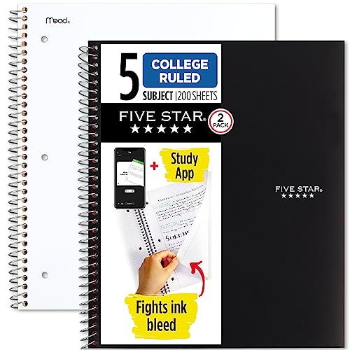 Five Star Spiral Notebooks Plus Study App, 2 Pack, 5 Subject, College Ruled Paper, 11" x 8-1/2", 200 Sheets, Black & White (73035)