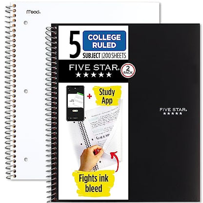 Five Star Spiral Notebooks Plus Study App, 2 Pack, 5 Subject, College Ruled Paper, 11" x 8-1/2", 200 Sheets, Black & White (73035)