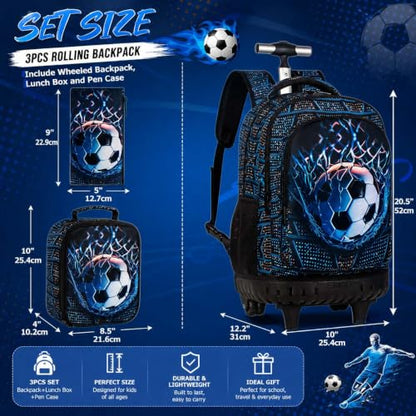 HPJGD 3PCS Soccer Rolling Backpack for Boys, Kids School Backpacks with Wheels, Water Resistant Roller Wheeled Bookbag Set with Lunch Box - color: Black Soccer Rolling Set