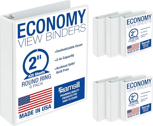 Samsill 2 Inch 3 Ring Binders, Economy Round Ring, Clear View Cover, 425 Sheet Capacity - for School, Home, Office - White, 6 Pack - color: White, size: 6-Pack, style: 2-Inch