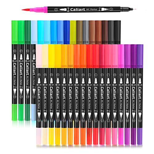 Caliart 34 Double Tip Brush Pens Art Markers for Adult Coloring Books | Artist Fine & Brush Coloring Markers for Journaling Calligraphy Lettering Planners Drawing Teacher Office Art Supplies - color: 34 colors