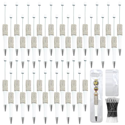 150 Pcs DIY Diamond Beadable Pen Kit - 50 Plastic Rhinestone Beaded Pens Bulk with Refills & Bags - Fancy Cute Glitter Pens for Crafting, Students & Teachers – School Supplies (White) - color: White, size: 50