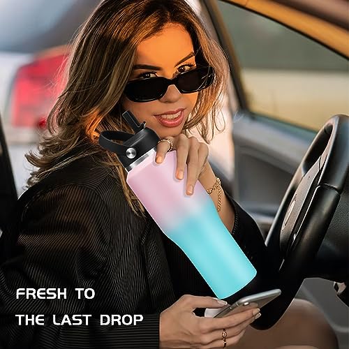 Stainless Steel Water-Bottles Fits in Cup Holder - 40 oz Water Bottle with Straw & Sleeve, Keeps Cold 48h/Hot 24h, Tumbler with Handle for Women & Men - color: Pink&Green, size: 32 Ounces
