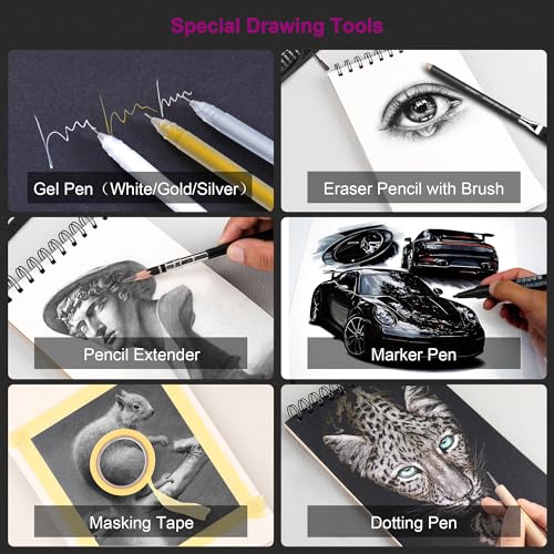 HIFORNY 126 PCS Drawing Kit Sketching Pencil Set,Sketch Pencils Art Supplies with 3-Color Sketchbook,Graphite,Charcoal,Blending Tools,Drawing Pencils for Adults Artists in Zipper Case