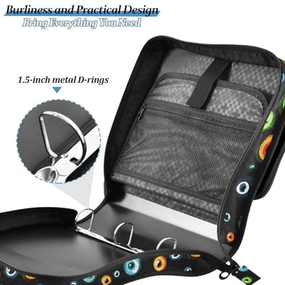 Eyeballs Dark Color Binder Bag Cartoon 1.5 Inch 3 Ring Zipper Bag with Shoulder Strap & Handle, Multi-Pocket Organizer Binder 500 Sheet Capacity for School Office Home