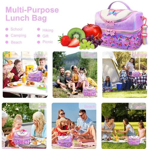 RHCPFOVR Kids Lunch Bag - Double - Decker Cooler Insulated Lunch Box for Boys Girls Women,Washable Lunch Bag with Strap and Reusable Toddler Lunchbox for School and Daycare - color: Purple Butterfly 1