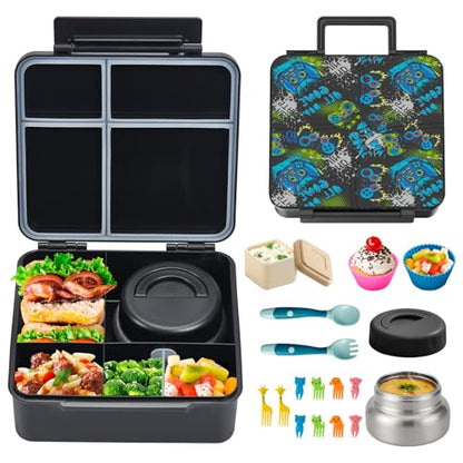 JSLOVE Bento Lunch Box with Leak Proof Thermos Food Jar for Kids, Food Lunch Containers for Boys with 4 Compartments, BPA-Free with Utensils, Food Picks, Sauce Jar & Silicone Lunch Box Dividers - color: Game Consoles