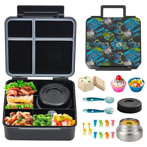 JSLOVE Bento Lunch Box with Leak Proof Thermos Food Jar for Kids, Food Lunch Containers for Boys with 4 Compartments, BPA-Free with Utensils, Food Picks, Sauce Jar & Silicone Lunch Box Dividers - color: Game Consoles