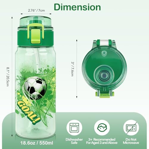 Tritan Kids Water Bottle for School, 18.6 oz Leakproof 2-in-1 Toddler Water Bottle with a Pop-up Detachbale Straw, Dishwasher Safe (Soccer) - color: Soccer