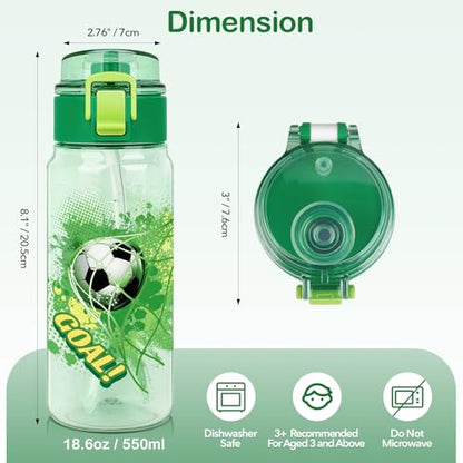 Tritan Kids Water Bottle for School, 18.6 oz Leakproof 2-in-1 Toddler Water Bottle with a Pop-up Detachbale Straw, Dishwasher Safe (Soccer) - color: Soccer