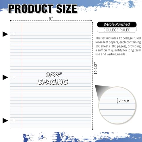 Fulmoon 12 Pcs 8" x 10-1/2" College Ruled Loose Leaf Paper 3 Hole Punched Notebook Paper 100 Sheets Per Pack, 56 Gsm, Filler Paper for Adults Students Binder College School - size: College Ruled
