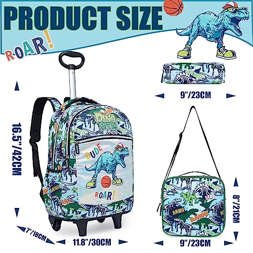Rolling Backpack Boys Kids Rolling Backpack with Wheels for Boys Wheeled Backpack Carry on Luggage Bookbag with Roller Set for Elementary - color: Dinosaur