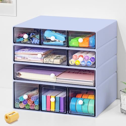 Desk Organizer with 9 Drawers, 4 Tier Plastic Stackable Storage Drawers for Desk Storage, Office Stationary Makeup Organizer Suit for Home, Office and School - color: Purple
