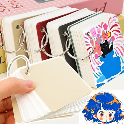 2 Pack/160 Pieces Blank Index Cards with Ring, Blank Flash Card 2.8x2.8" Note Cardstock for Memory Learning Studying Office (Beige) - color: Beige