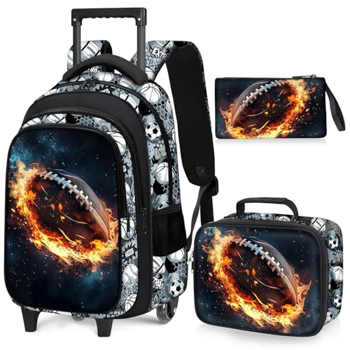 American Football Rolling Backpack for Boys - 3PCS Boys Rolling Backpack with Lunch Box Set for Kids Children Teens Elementary Middle School,Sport Roller Bookbag with Wheels for Age 6-18 - color: Football-002-backpack Set