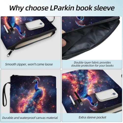 Padded Book Sleeve with Zipper & Front Pocket, Fabric Book Cover | Fantasy Nebula Peacock Bird11.4"x8.7" Washable Canvas Pouch for Hardcovers, Tablets & Reading Accessories - color: Fantasy Nebula Peacock Bird
