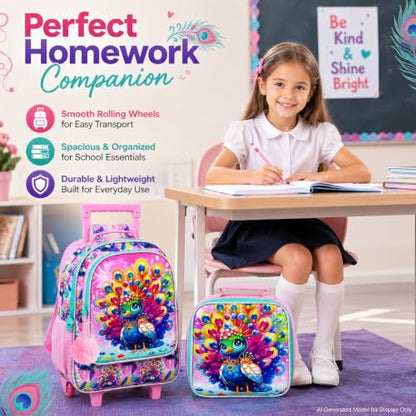 3Pcs Rolling Backpack for Girls, Kids Roller School Backpack with Wheels, Peacock Wheeled Bookbag for Elementary Preschool Kindergarten(Pink) - color: Peacock Pink
