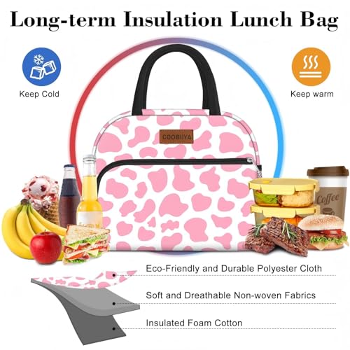Coobiiya Lunch Bag Women, Lunch Box for Women Adult Men, Small Leak-proof Cute Lunch Tote Large Capacity Reusable Insulated Cooler Lunch Container for Work/Office/Picnic/Travel-Pink Cow - color: Pink Cow