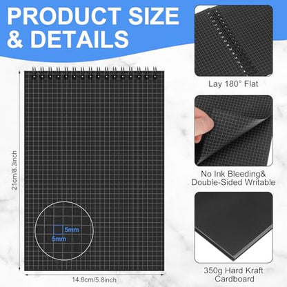 Engrowtic 2 Pack Graph Paper Spiral Notepad A5 Top Wirebound Notepad Grid Notebook Steno Pad Memo Notebook Grid Paper 140 Pages for Writing Sketching Drawing Office Supply(Black (internal Black)) - color: Black(internal Black)