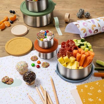 Stainless Steel Food Containers, Metal Lunch Boxes, Set of 5, Muted | Everusely lunch containers feature colorful lids and offer durable utility for snacks, meal prep, and food storage. - color: Muted
