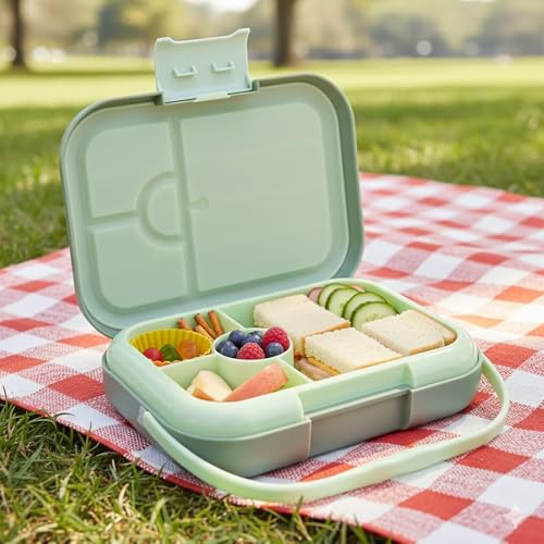 Bento Midi Lunch Box with carrying handle – 4 No-Mix Compartments | Microwave & Dishwasher Safe,Removable Tray | 900ML OZ (Green Olive) - color: Green Olive