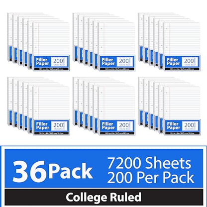 Loose Leaf Paper College Ruled Notebook Paper College Ruled Lined Writing Filler Paper 10.5” x 8” 7200 Sheets 200 Sheets Per Pack 60 gsm (36 Pack) - size: 36 Pack