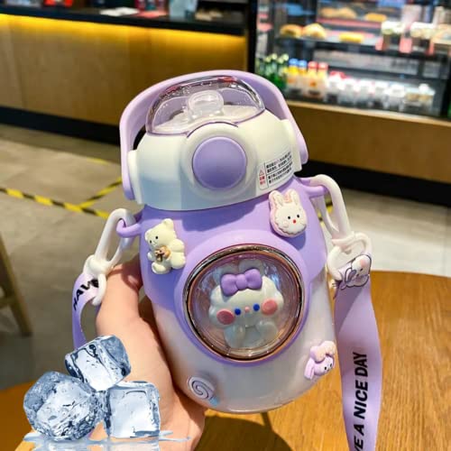 LEJN 28 oz Water Bottle Kawaii with Adjustable Shoulder Strap for Summer Cold Water Chill Portable Leakproof BPA-free Cartoon Children Cup Capsule Bottle Traveling Hiking (Purple820ml) - color: Purple820ml