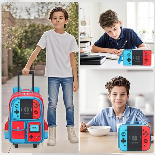 TILYTADLY Kids Rolling Backpack for Boys - 3PCS Gamer Boys Rolling Backpack with Lunch Box Set, Wheeled Travel Bookbag for Elementary Middle School, Lightweight Roller School Bag - color: red-blue-Backpack set