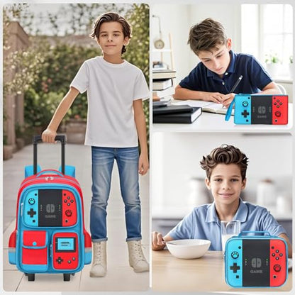 TILYTADLY Kids Rolling Backpack for Boys - 3PCS Gamer Boys Rolling Backpack with Lunch Box Set, Wheeled Travel Bookbag for Elementary Middle School, Lightweight Roller School Bag - color: red-blue-Backpack set