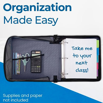 Case-it Classic Zipper Binder | 2-Inch O-Rings, 350 Sheet Capacity, Multiple Storage Pockets & Shoulder Strap | School & Office Organizer | D-251 Black