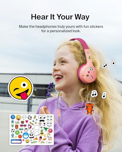 Belkin SoundForm Mini Kids Wired Headphones w/USB C to 3.5mm Dongle, Built-in Mic & Fun Stickers, 85dB Max Volume – for Online Learning, Travel, Compatible w/iPhone 16, iPad, Galaxy S25, etc - Pink - color: Pink, style: Wired (USB-C)