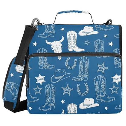 Western Cowboy Blue Pattern 3 Ring Zipper Binder with Shoulder Strap & Handle 1.5 Inch D-Ring Zippered Bag with Pencil Pouch,Expanding File Folder, Binder Organizer for School or Office - color: Western Cowboy Boot Blue