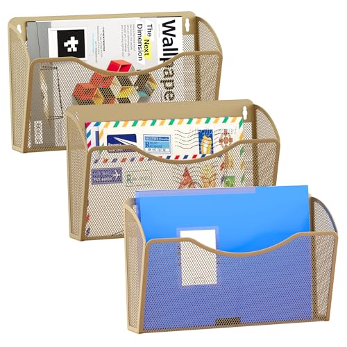 EasyPAG Wall File Organizer 3 Pack, Hanging File Organizer Wall Mount, Metal Mesh Folder Holder for Letter/A4 Papers, Mail Sorter for Office, Classroom, Home, Gold - color: Gold