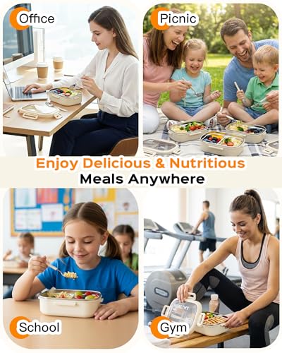 Lille Home 28oz Stainless Steel Leakproof 2-Compartment Bento Lunch Box/Portion Control Food Container with Lunch Bag and Cutlery Set, BPA Free (Beige) - color: Beige
