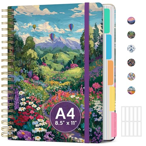 Large Spiral Lined Notebook for Work with Dividers & Tabs, 8.5"x11" Hardcover 5 Subject Notebook, College Ruled, 280 Pages, Sunny Valley - color: F - Sunny Valley